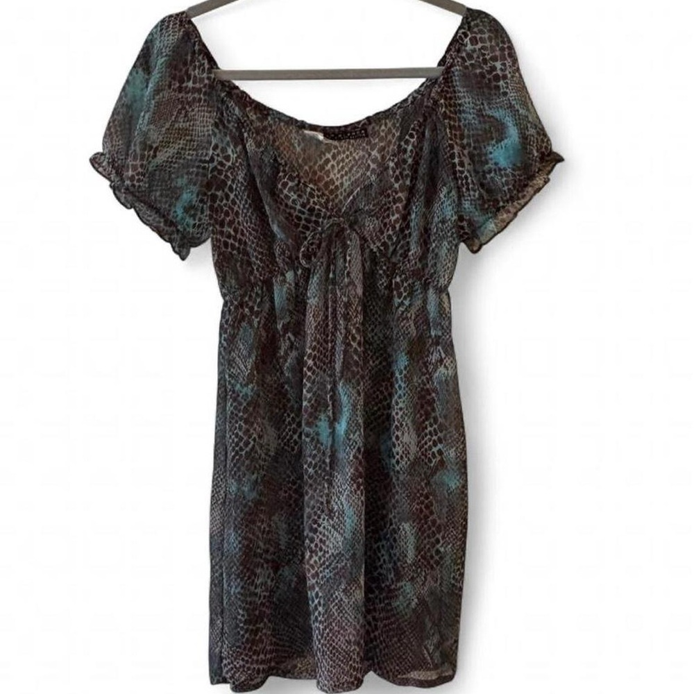 La Blanca Teal & Brown Snake-Print Tie Front Dress Y2K  mini dress/cover up